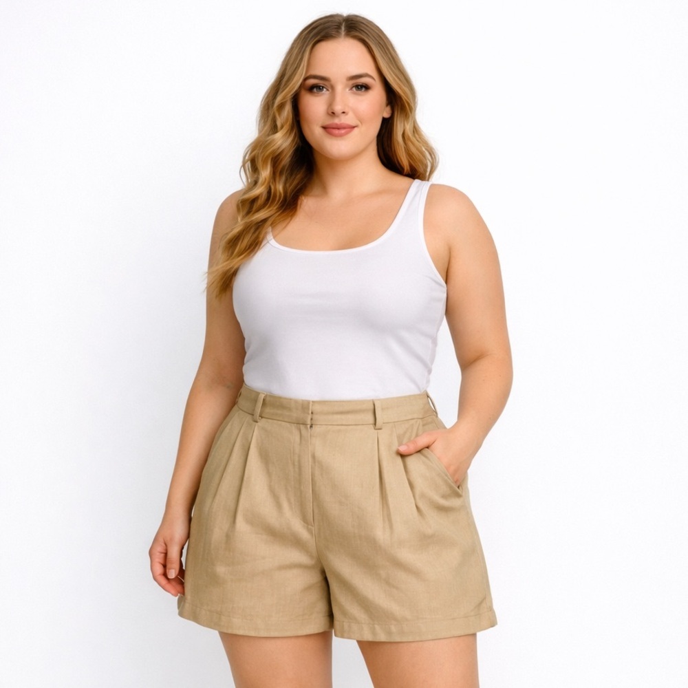 ASOS DESIGN Plus Beige Linen Blend High-Waist Pleated Shorts NWT 18
